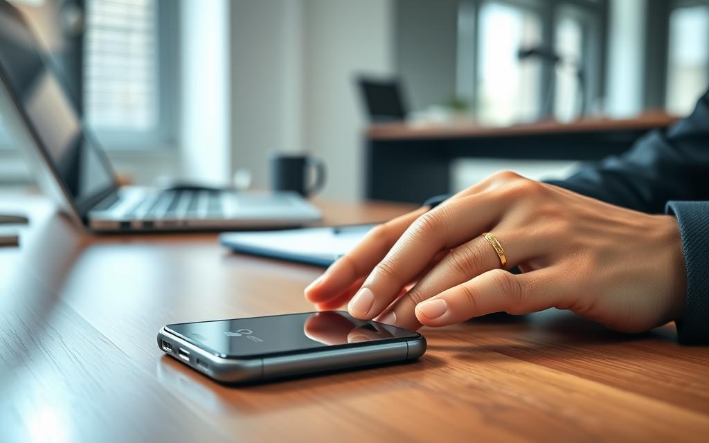 A close-up scene depicting a smartphone secured with advanced encryption, situated on a sleek wooden desk. The foreground features the phone displaying an app interface with a lock symbol, emphasizing digital security. In the middle ground, a pair of professional business hands are gently touching the phone, illustrating active engagement with mobile banking security. The background is softly blurred, revealing a well-organized office space with subtle hints of technology, such as a laptop and a security camera. The lighting is bright and focused, creating a sense of clarity and purpose. The overall mood is one of vigilance and professionalism, capturing the essential theme of mobile security in the digital age.