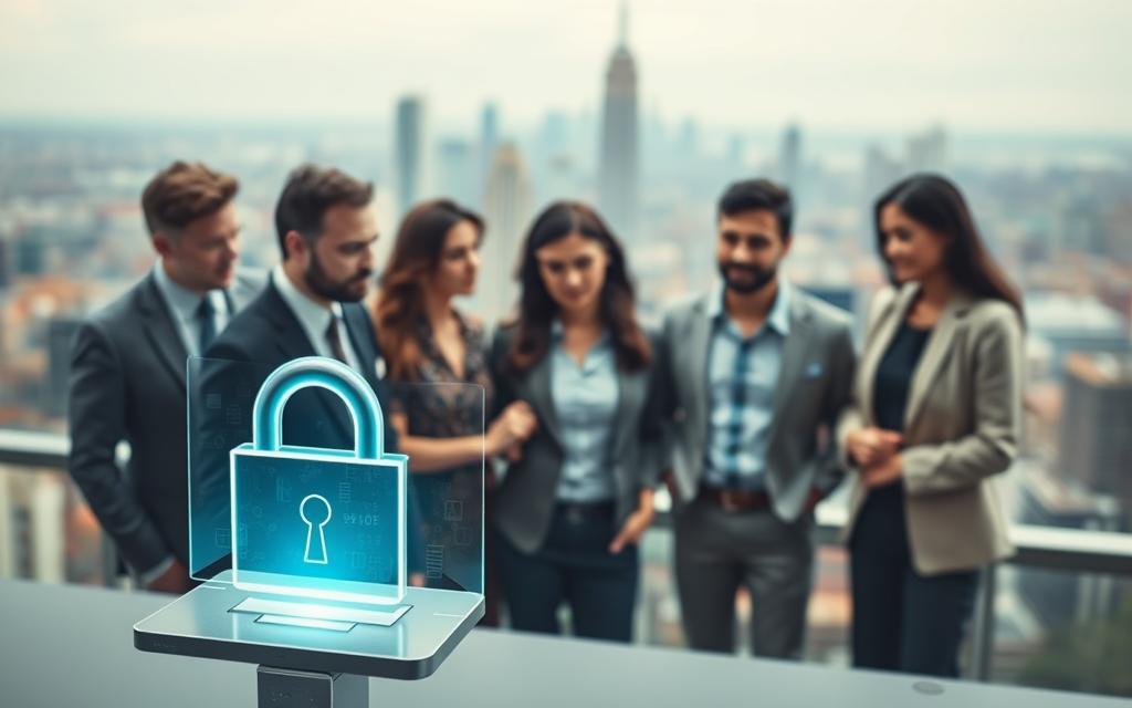 A conceptual illustration of digital privacy, focusing on a secure digital environment. In the foreground, a transparent shield shaped like a lock protects a glowing digital device, symbolizing data security. The middle ground features a diverse group of professionals in smart casual attire, engaged in a discussion about data sharing, with expressions of concern and curiosity. The background depicts a bustling city skyline, suggesting the interconnectedness of society and technology. Soft, diffused lighting creates a calm atmosphere, emphasizing the importance of privacy. Use a medium-wide angle lens to capture the scene, blending realism with a touch of digital artistry, conveying a sense of urgency and awareness regarding digital privacy.