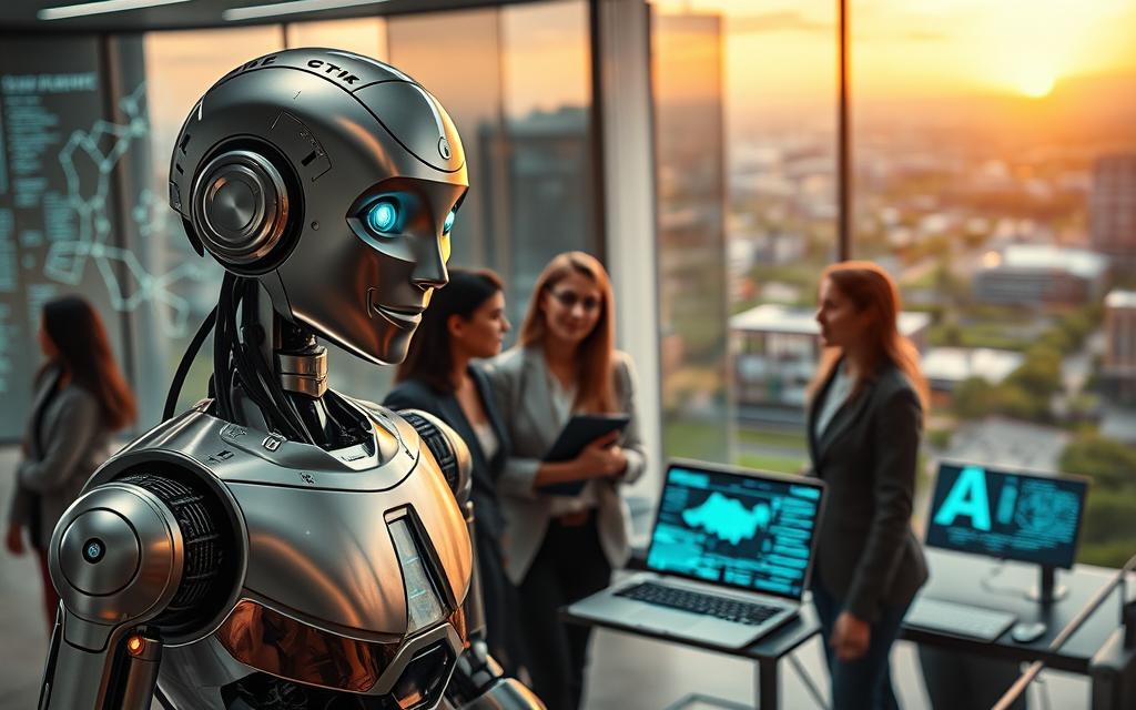 A futuristic representation of artificial intelligence in daily life. In the foreground, a humanoid robot with a friendly expression interacts with a diverse group of individuals dressed in smart casual clothing, showcasing collaboration. The robot's metallic surface reflects soft, ambient light, highlighting intricate circuits and glowing elements. In the middle ground, a modern workspace features sleek devices displaying data and analytics, with a large digital screen illustrating AI concepts like neural networks and machine learning. The background showcases a cityscape with green spaces, symbolizing harmony between technology and nature, illuminated by a warm sunset. The overall mood is optimistic and inspiring, emphasizing innovation and the integration of AI into everyday life. A futuristic representation of artificial intelligence in daily life. In the foreground, a humanoid robot with a friendly expression interacts with a diverse group of individuals dressed in smart casual clothing, showcasing collaboration. The robot's metallic surface reflects soft, ambient light, highlighting intricate circuits and glowing elements. In the middle ground, a modern workspace features sleek devices displaying data and analytics, with a large digital screen illustrating AI concepts like neural networks and machine learning. The background showcases a cityscape with green spaces, symbolizing harmony between technology and nature, illuminated by a warm sunset. The overall mood is optimistic and inspiring, emphasizing innovation and the integration of AI into everyday life.