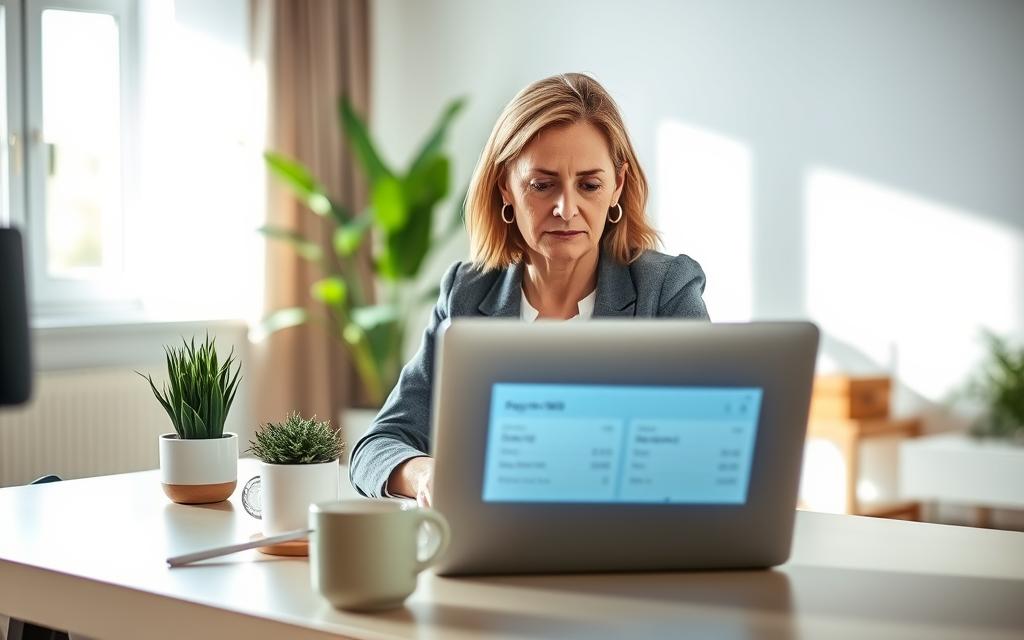 A modern home office scene featuring a middle-aged woman dressed in casual business attire, sitting at a sleek desk with a laptop open in front of her. She is intently engaged in paying bills online, with a focused expression. The foreground shows the laptop screen displaying a stylish online payment interface with visible icons for electricity and internet bills. In the middle ground, there are potted plants and a coffee mug beside the laptop, creating a cozy atmosphere. The background features a well-lit room with light-colored walls and a window allowing natural sunlight to filter through, casting soft shadows. The mood is productive and serene, illustrating the convenience and efficiency of digital bill payments. A modern home office scene featuring a middle-aged woman dressed in casual business attire, sitting at a sleek desk with a laptop open in front of her. She is intently engaged in paying bills online, with a focused expression. The foreground shows the laptop screen displaying a stylish online payment interface with visible icons for electricity and internet bills. In the middle ground, there are potted plants and a coffee mug beside the laptop, creating a cozy atmosphere. The background features a well-lit room with light-colored walls and a window allowing natural sunlight to filter through, casting soft shadows. The mood is productive and serene, illustrating the convenience and efficiency of digital bill payments.