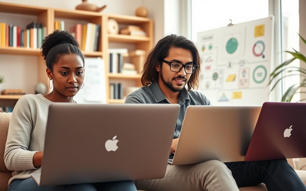 A modern home office scene illustrating the importance of educational technology. In the foreground, a diverse group of three individuals—one Black woman, one Hispanic man, and one Asian woman—are engaged in a virtual learning session on sleek laptops, showing focused expressions and wearing smart casual attire. In the middle ground, a whiteboard filled with colorful diagrams and notes emphasizes the learning process. In the background, a cozy bookshelf brims with educational resources, while a large window allows soft, natural light to illuminate the room, creating a warm and inviting atmosphere. The overall mood is one of collaboration, innovation, and a commitment to learning from home, capturing the essence of technological empowerment in education.