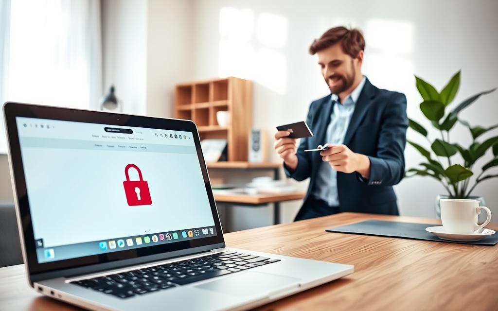 A modern, inviting home office scene depicting safe online shopping. In the foreground, a sleek laptop is open displaying a secure shopping website with a padlock symbol. To the side, a person dressed in professional attire, focused and smiling, uses a credit card to make a purchase. The middle ground features a cozy desk with organized stationery and a coffee cup, adding a touch of warmth and productivity. The background shows soft, natural light filtering through a window, casting gentle shadows and creating a calm, reassuring atmosphere. A potted plant adds a green touch, symbolizing growth and trust in online purchases. A modern, inviting home office scene depicting safe online shopping. In the foreground, a sleek laptop is open displaying a secure shopping website with a padlock symbol. To the side, a person dressed in professional attire, focused and smiling, uses a credit card to make a purchase. The middle ground features a cozy desk with organized stationery and a coffee cup, adding a touch of warmth and productivity. The background shows soft, natural light filtering through a window, casting gentle shadows and creating a calm, reassuring atmosphere. A potted plant adds a green touch, symbolizing growth and trust in online purchases.