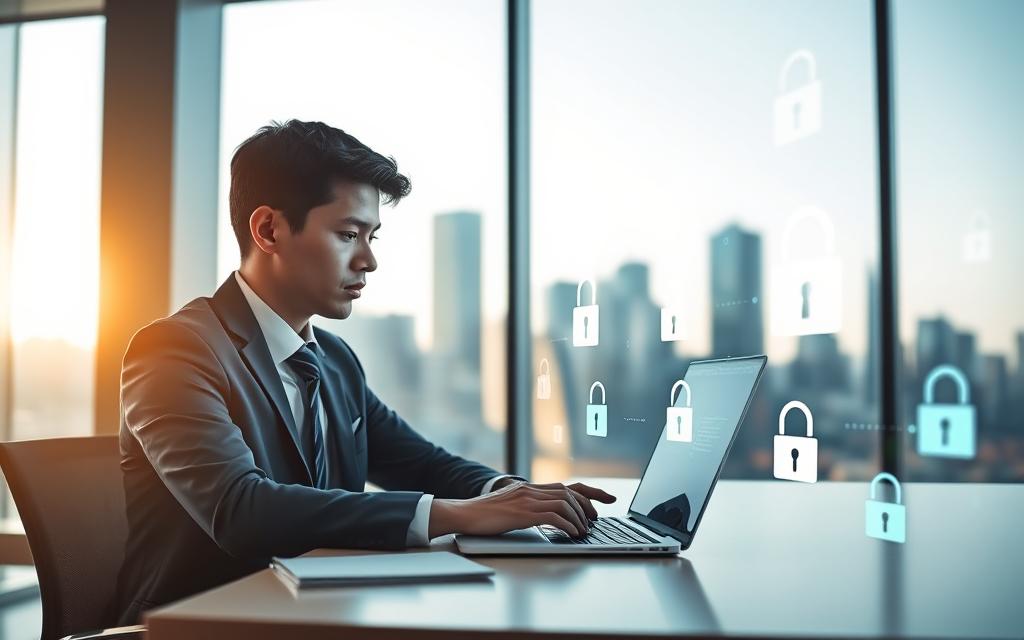 A modern office environment showcasing digital security. In the foreground, a young professional in business attire sits at a desk with a laptop, intently analyzing data on the screen. The middle ground features digital elements such as floating icons representing security features like firewalls, encryption, and locked files. In the background, a large window reveals a city skyline, bathing the scene in soft, natural lighting during the day. The atmosphere is focused and professional, conveying a sense of responsibility and diligence towards data protection. The image should evoke a feeling of trust and security within the realm of digital interactions, highlighting the importance of safeguarding personal information online. A modern office environment showcasing digital security. In the foreground, a young professional in business attire sits at a desk with a laptop, intently analyzing data on the screen. The middle ground features digital elements such as floating icons representing security features like firewalls, encryption, and locked files. In the background, a large window reveals a city skyline, bathing the scene in soft, natural lighting during the day. The atmosphere is focused and professional, conveying a sense of responsibility and diligence towards data protection. The image should evoke a feeling of trust and security within the realm of digital interactions, highlighting the importance of safeguarding personal information online.