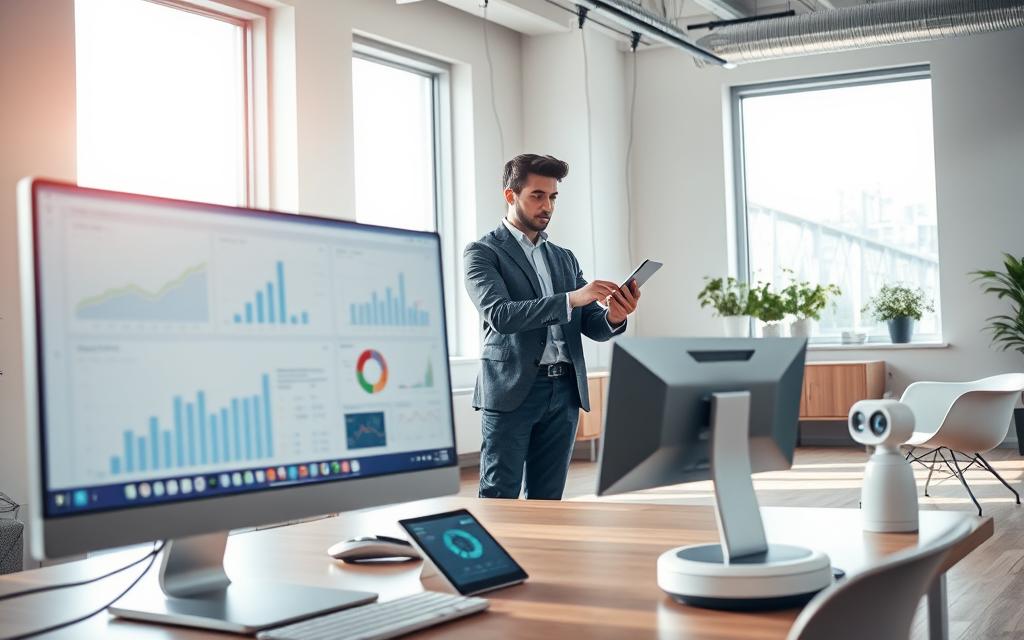 A modern office space, showcasing the theme of automation in daily life. In the foreground, a sleek desktop computer is displaying graphs and analytics, surrounded by smart devices like a tablet and a robotic assistant. In the middle, a professional businessperson in smart casual attire is interacting with a touchscreen interface, looking focused and engaged. The background features soft, natural light streaming through large windows, casting gentle shadows on minimalist furniture. The atmosphere is bright and inspiring, symbolizing efficiency through technology. The overall composition should capture a sense of innovation and progress, illustrating the crucial role of automation in streamlining daily tasks.