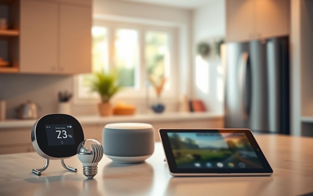A modern smart home interior showcasing various home technology devices designed to reduce expenses. In the foreground, a sleek smart thermostat with an illuminated display, next to an energy-efficient LED light bulb. In the middle ground, a stylish smart speaker and a digital home assistant tablet on a minimalist kitchen counter. The background features a blurred view of an eco-friendly refrigerator and a window allowing natural light to flood in, enhancing the inviting atmosphere. Soft, warm lighting creates a cozy vibe, while the lens captures the scene from a slightly elevated angle, emphasizing the harmony between technology and home life. The overall mood is innovative and efficient, reflecting the future of household convenience. A modern smart home interior showcasing various home technology devices designed to reduce expenses. In the foreground, a sleek smart thermostat with an illuminated display, next to an energy-efficient LED light bulb. In the middle ground, a stylish smart speaker and a digital home assistant tablet on a minimalist kitchen counter. The background features a blurred view of an eco-friendly refrigerator and a window allowing natural light to flood in, enhancing the inviting atmosphere. Soft, warm lighting creates a cozy vibe, while the lens captures the scene from a slightly elevated angle, emphasizing the harmony between technology and home life. The overall mood is innovative and efficient, reflecting the future of household convenience.