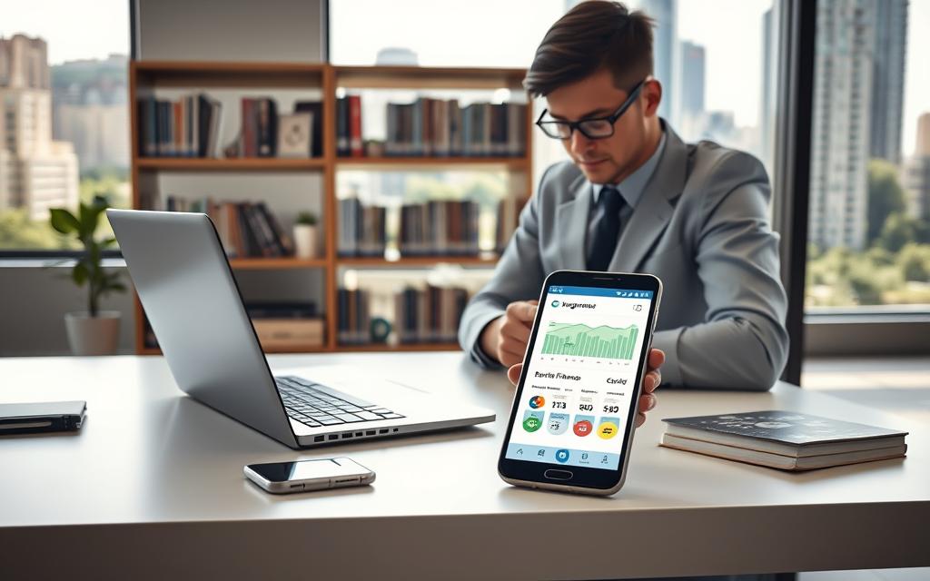 A modern workspace featuring a sleek desk with a high-tech laptop and a smartphone displaying budget management apps. In the foreground, a person in professional attire is reviewing their finances, highlighting a sense of focus and determination. The middle ground showcases an organized bookshelf filled with books on personal finance and technology. In the background, a large window reveals a bright, bustling cityscape filled with green spaces, symbolizing innovation and sustainability. The lighting is bright and airy, creating a sense of hope and efficiency. The atmosphere is calm yet motivated, reflecting the benefits of integrating technology into daily financial practices. Capture this scene from a slightly elevated angle to provide a comprehensive view of the workspace's functionality and design.