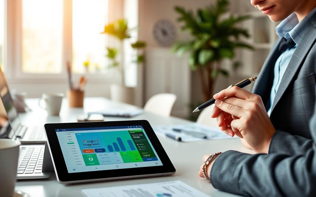 A modern workspace scene featuring a sleek digital tablet displaying a colorful budget tracking app interface. In the foreground, a person in smart casual attire uses a stylus to interact with the app, expressing focus and diligence. The middle ground shows a neatly organized desk with a laptop, financial documents, a coffee cup, and a potted plant, enhancing the workspace environment. The background reveals a softly lit room with a large window allowing natural light to stream in, highlighting the simplicity and clarity of financial management. The overall mood is professional yet approachable, symbolizing effective family budget control through technology. The light is warm, creating a welcoming and productive atmosphere.