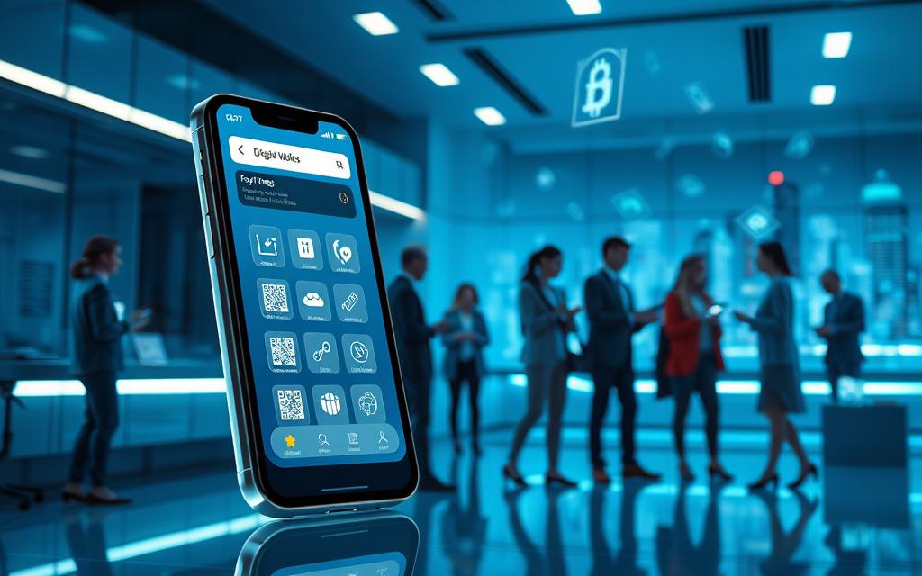 A visually engaging scene depicting digital wallets, featuring a futuristic representation of a smartphone with an intuitive digital wallet interface open. In the foreground, a diverse group of individuals in professional attire, discussing and interacting with their devices, showcasing various payment options like QR codes and cryptocurrency icons. The middle ground includes a sleek, modern workspace with soft ambient lighting and holographic projections of digital currency flowing around, suggesting innovation and technology. In the background, subtle city skyline hints of a tech-oriented environment bathed in cool blue and green tones, promoting a sense of security and advancement. The overall atmosphere is dynamic, reflecting the forward-thinking nature of digital wallets.